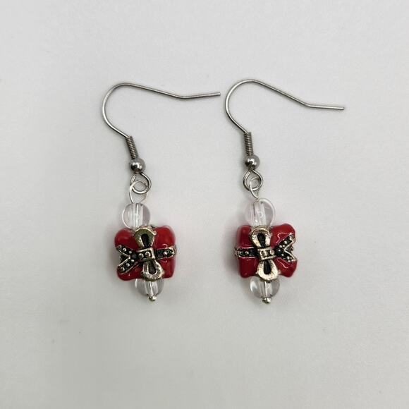 Handmade Red Present Earrings with Crystal – 1.5" Dangle - Picture 6 of 9